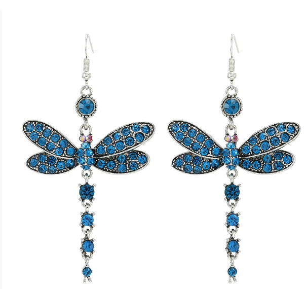 Bohemian Blue Crystal Dragonfly Earrings with Nature Inspired Design