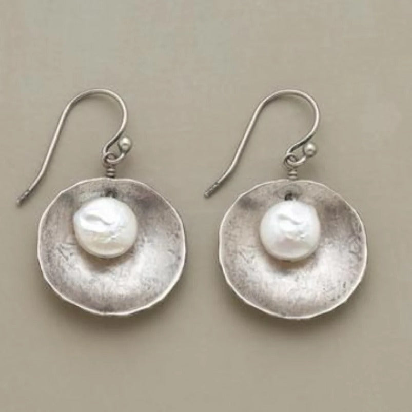 Rustic Round Shell Earrings with Natural White Pearls