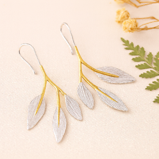 Gold and Silver Leaf Drop Earrings – Nature Branch Design