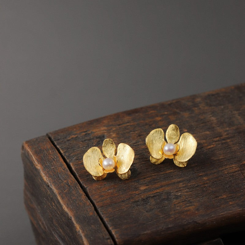 Pearl Orchid Earrings with Gold Flower Design