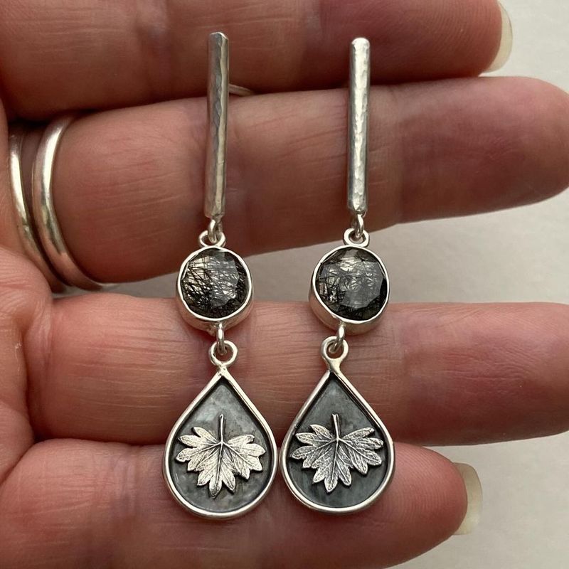Handmade Leaf Drop Earrings with Black Gemstone Nature Design
