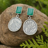 Botanical Round Earrings with Green Gemstone and Nature Design