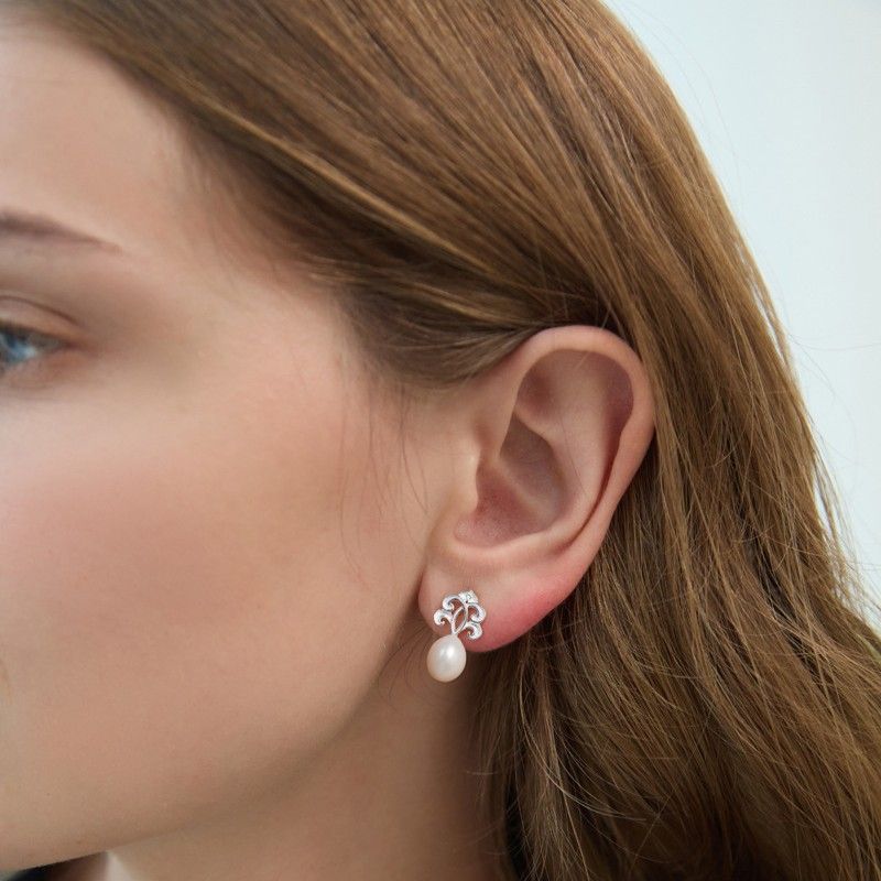 Sacred Pearl Drop Earrings with Mystical Scrollwork Charm