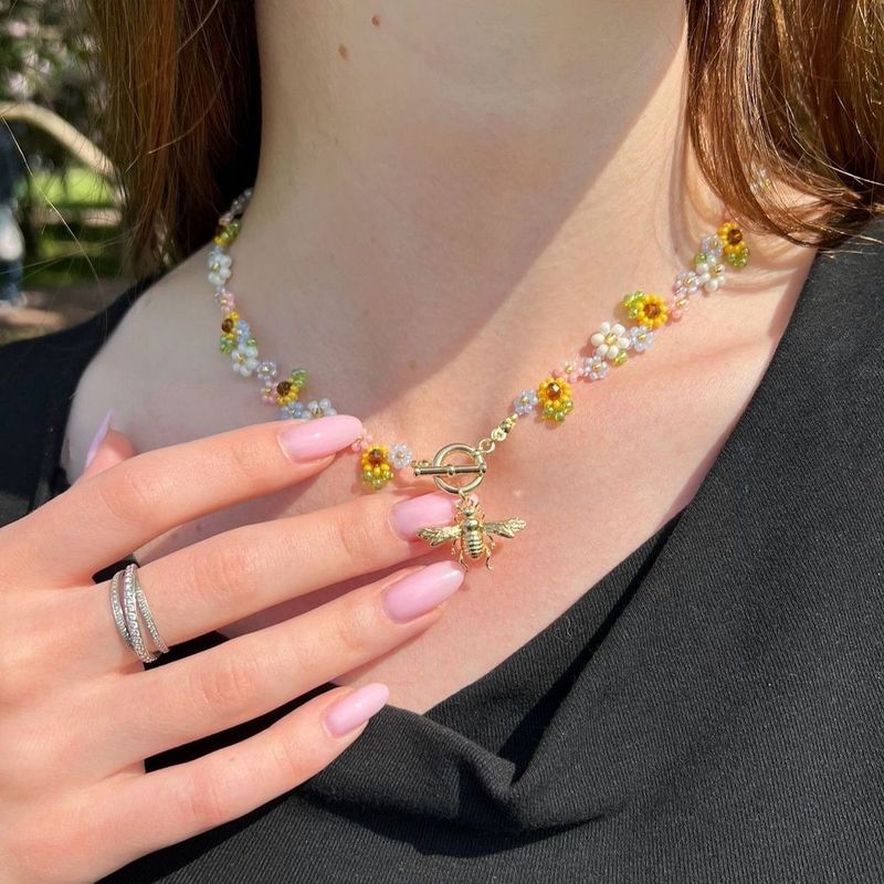 Bee Pendant Floral Beaded Necklace Colorful Nature Inspired Jewelry