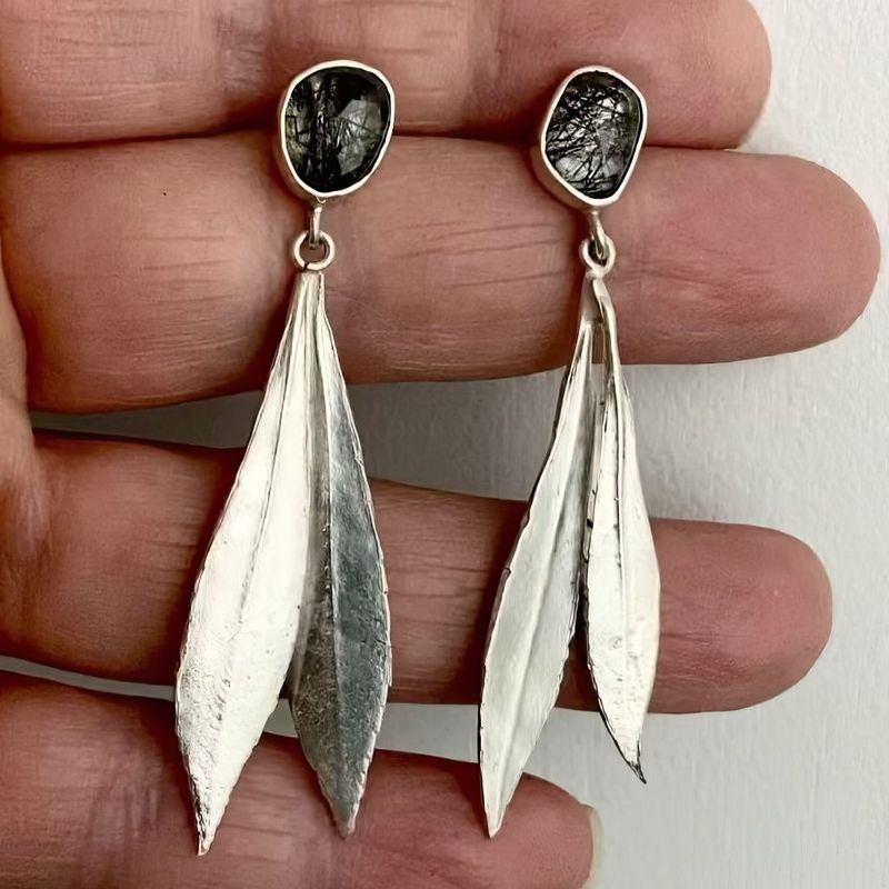 Black Gemstone Leaf Inspired Long Drop Earrings Boho Jewelry