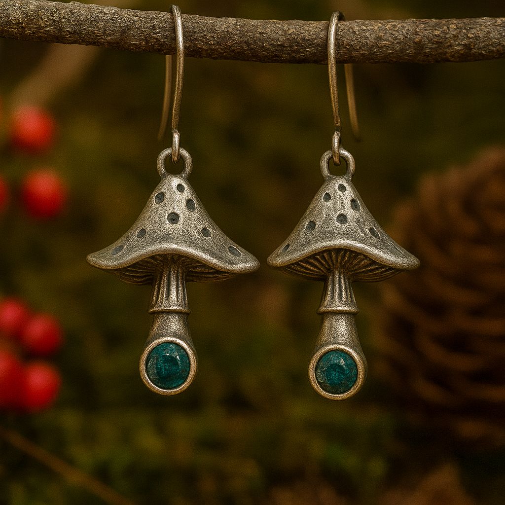Bohemian Mushroom Drop Earrings with Green Gemstone Charm