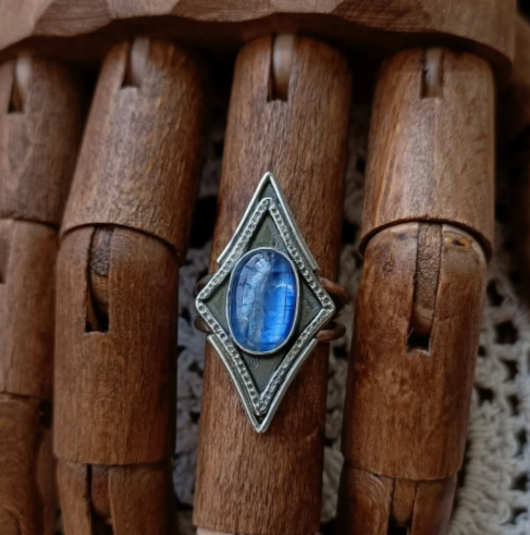 Natural Blue Kyanite Rings in Rustic Arrowhead Frames