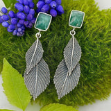 Layered Leaf Drop Earrings with Green Gemstone Nature Design