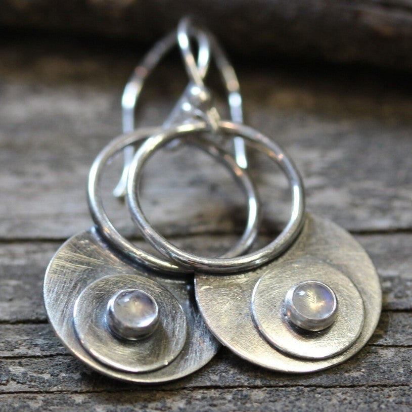 Silver Moonstone Earrings with Concentric Cosmic Disc Design