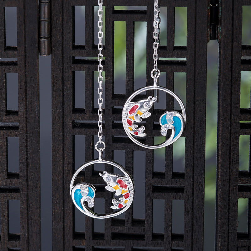 Koi Wave Threader Earrings with Spiritual Flow and Fortune