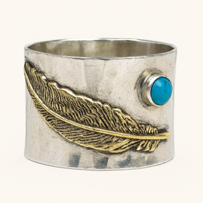 Feather Totem Wide Band Ring with Turquoise Stone