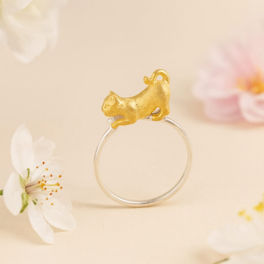 Golden Cat Spirit Ring for Playful Charm and Energy