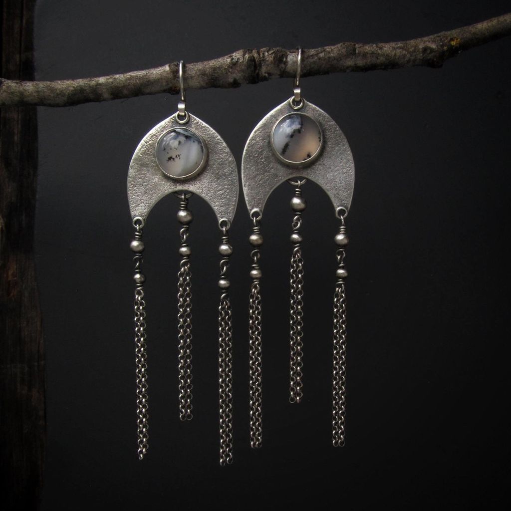 Bohemian Dendritic Agate Dangle Earrings with Chain Tassels