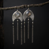 Bohemian Dendritic Agate Dangle Earrings with Chain Tassels