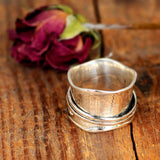Rustic Wide-Band Silver Ring with Rose and Vine Design