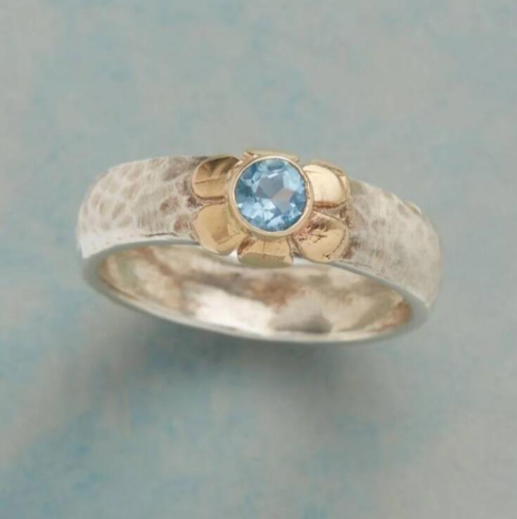 Blue Topaz Flower Ring with Hammered Band Design