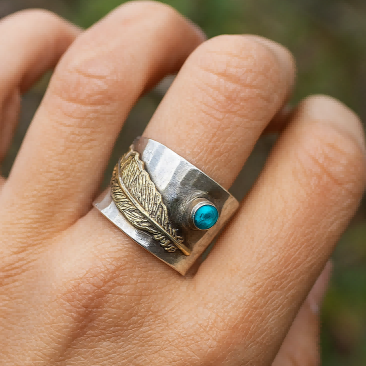 Feather Totem Wide Band Ring with Turquoise Stone