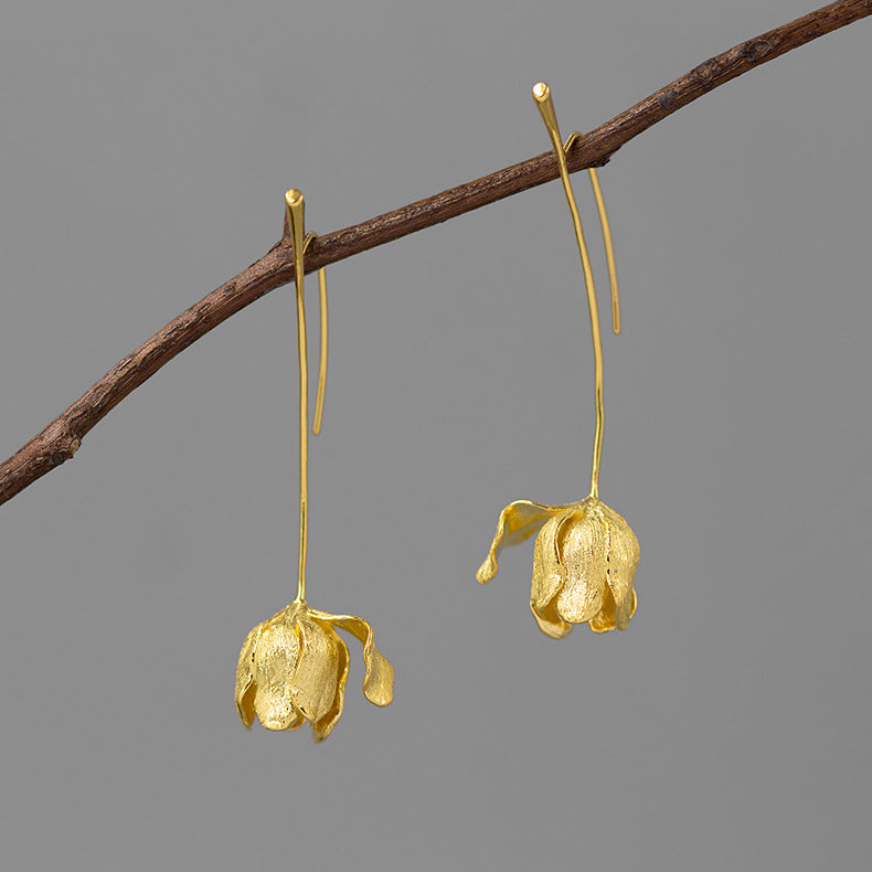 Silver Bud Drop Earrings for Awakening and Graceful Bloom