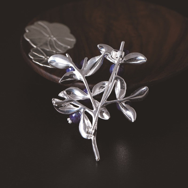 Midnight Berry Brooch – Silver Leaves & Lapis Fruits