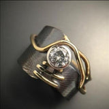 Organic Wide Band Ring with Crystal and Golden Vines