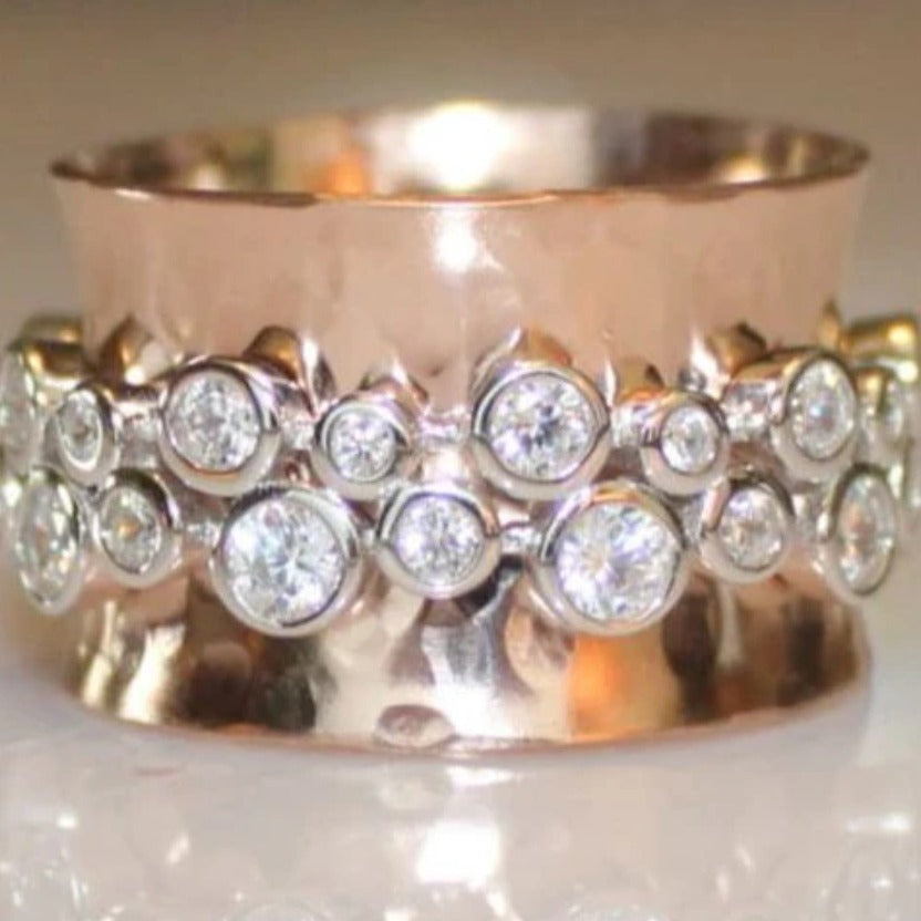Wide Hammered Gold Ring with Bezel Set Crystals