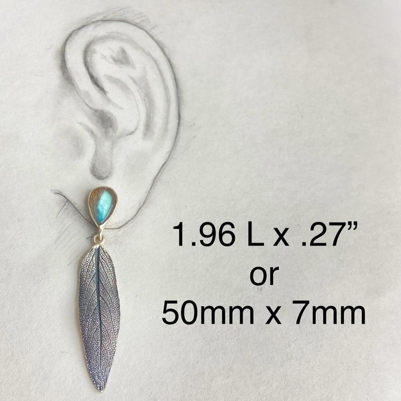 Labradorite Gemstone Long Leaf Earrings Nature Inspired Design