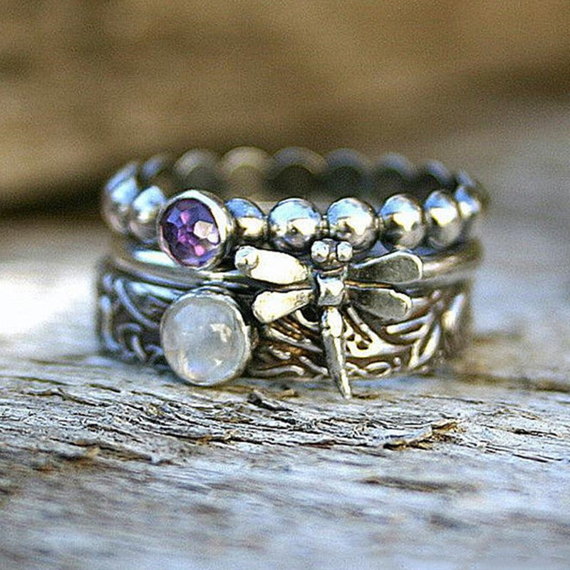 Dragonfly Spinner Ring with Amethyst and Moonstone Accents