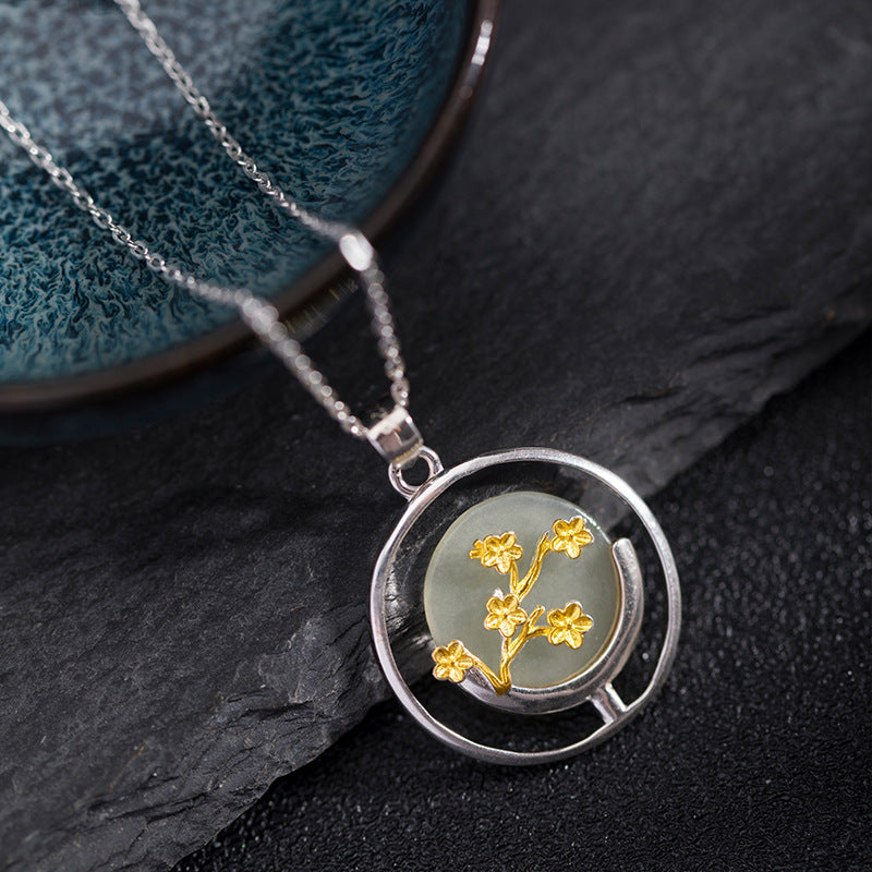 Celestial Blossom Pendant Necklace with Jade and Gold Flowers