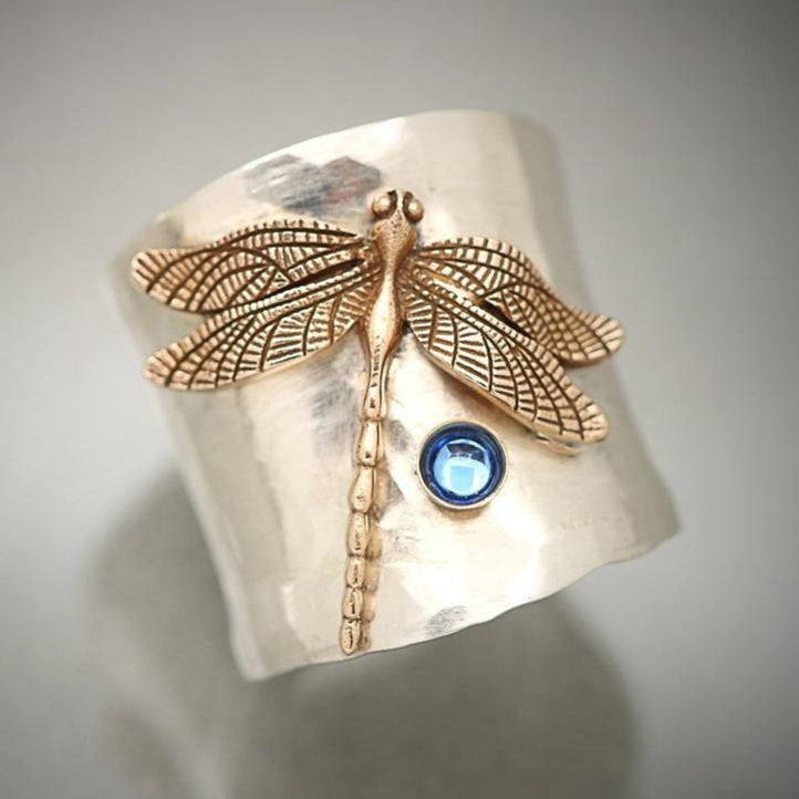 Dragonfly Ring with Blue Gemstone and Textured Band