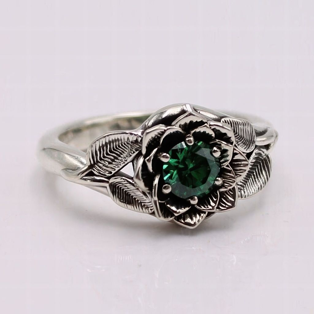 Vintage Floral Green Gemstone Ring with Nature Inspired Design