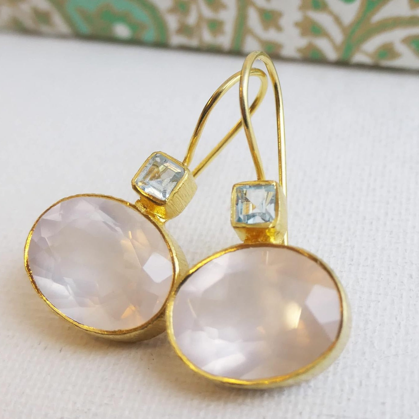 Gold Framed Pink Oval Earrings with Clear Square Accents