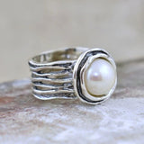 Rustic Wave Band Ring with Natural White Pearl Center
