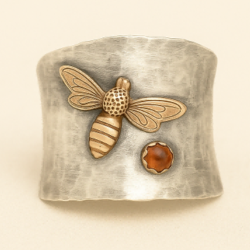 Boho Honeybee Ring with Amber Stone Wide Band
