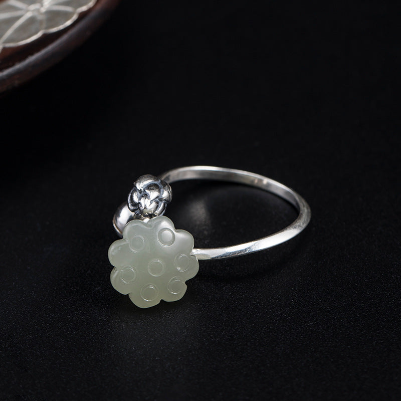 Lotus Seed Pod Ring with White Jade Bloom