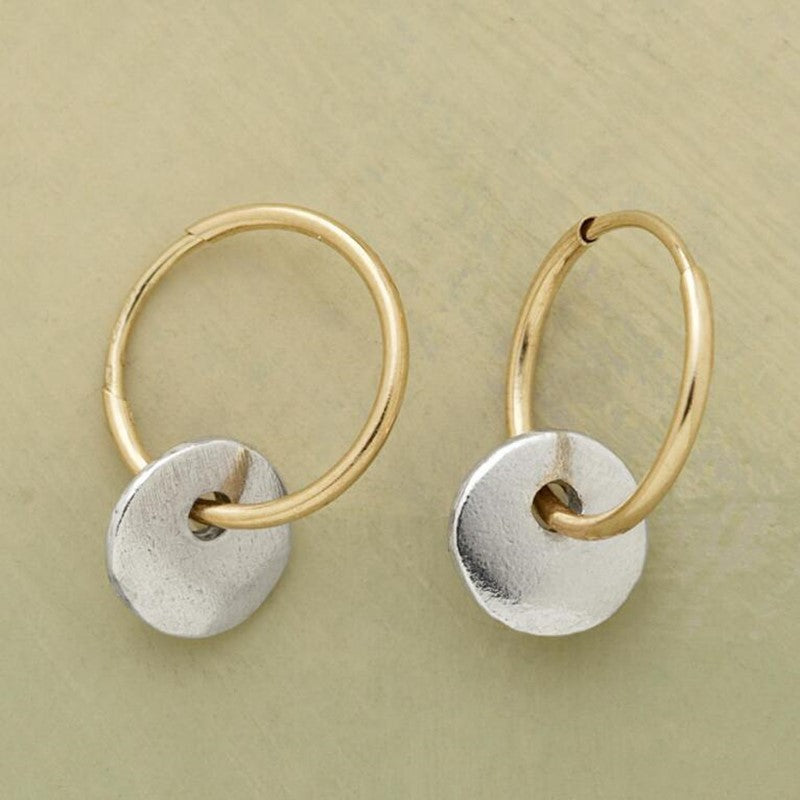 Minimalist Gold Hoop Earrings with Silver Disc Charm