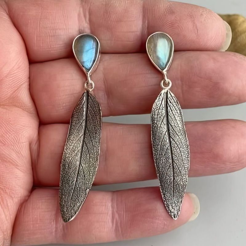 Labradorite Gemstone Long Leaf Earrings Nature Inspired Design