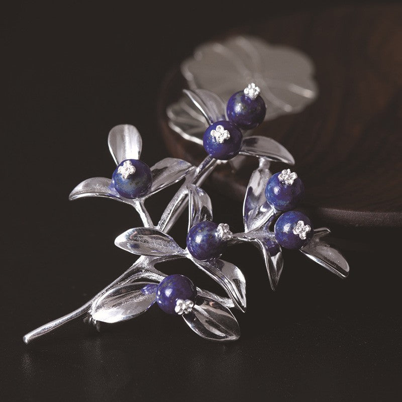 Midnight Berry Brooch – Silver Leaves & Lapis Fruits