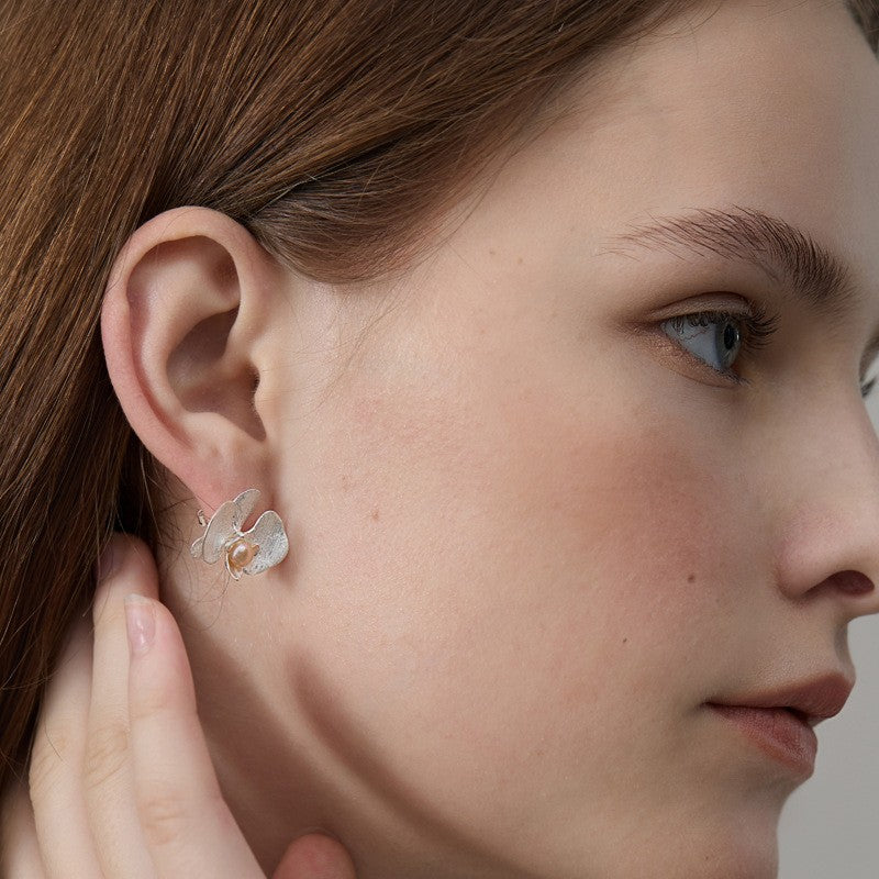 Pearl Orchid Earrings with Gold Flower Design