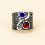 Hammered Silver Ring with Red and Blue Gemstones