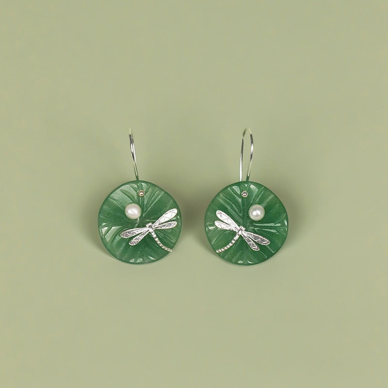 Dragonfly Dangle Earrings Green Jade Pearl