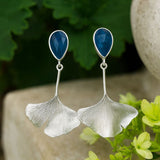 Ginkgo Leaf Drop Earrings with Blue Gemstone Nature Design