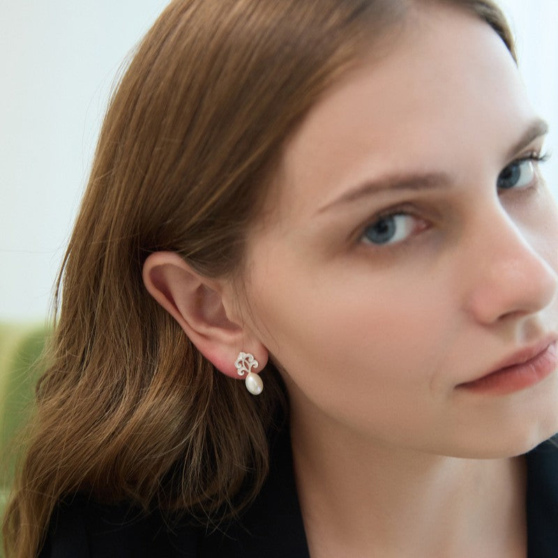 Sacred Pearl Drop Earrings with Mystical Scrollwork Charm