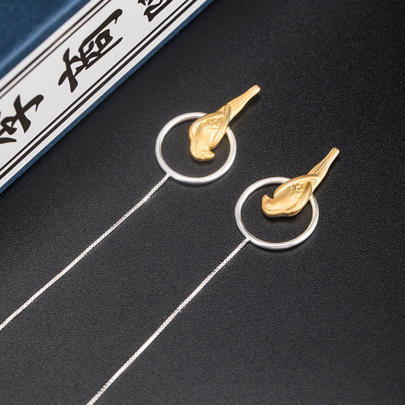 Golden Bird Threader Earrings – Silver Hoop Charm