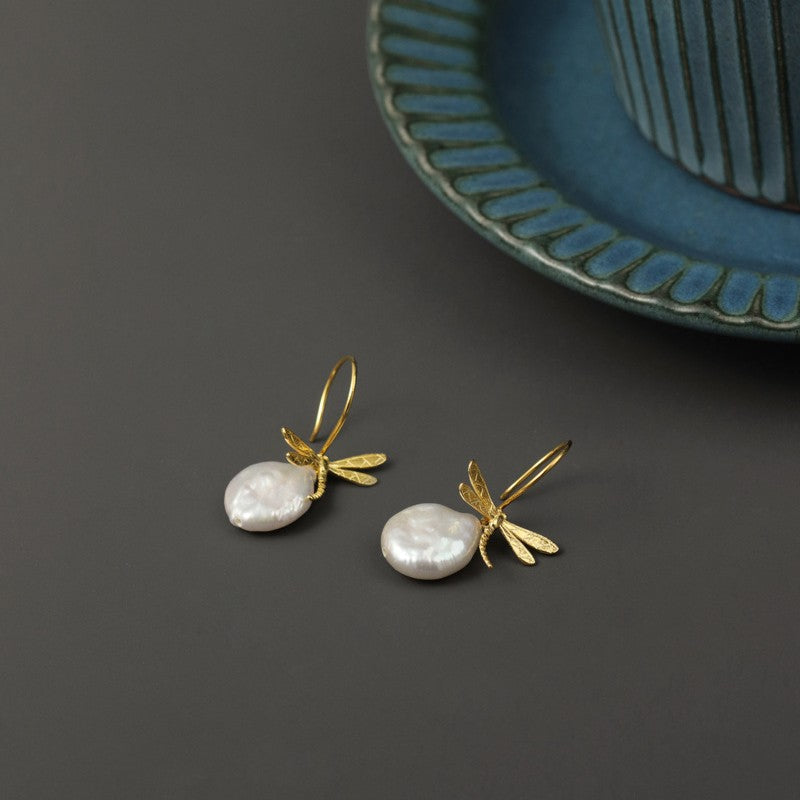 Baroque Pearl Drop Earrings with Dragonfly Charm