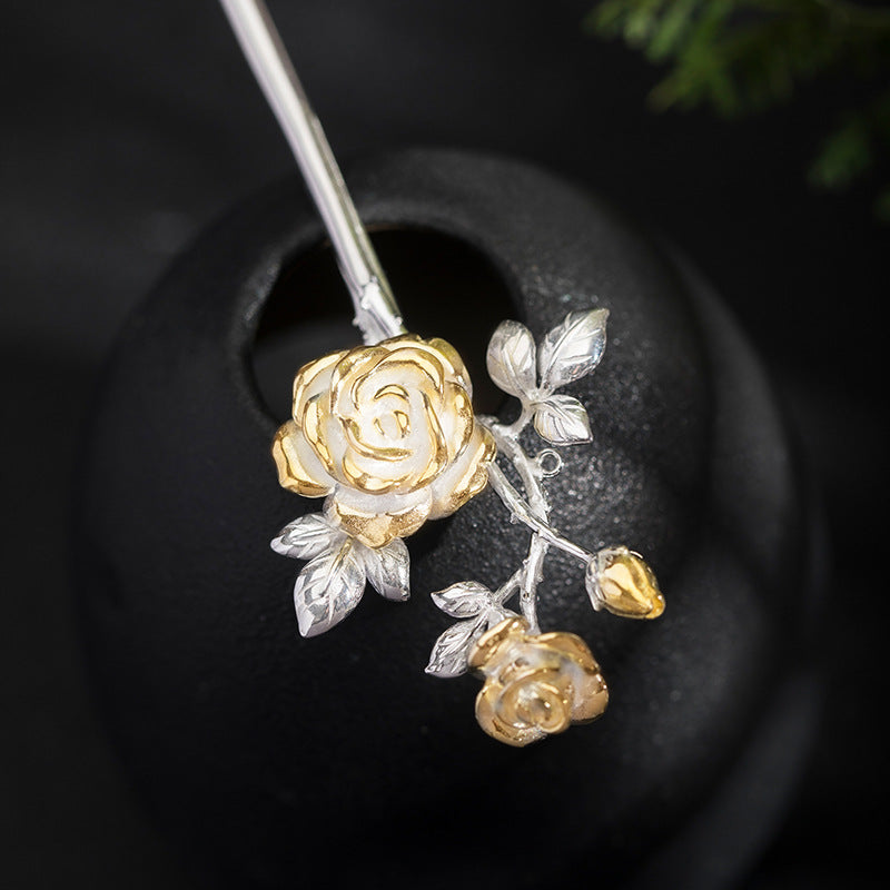 Silver Rose Hair Stick for Goddess Updos