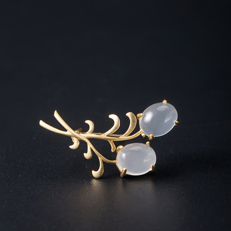 Golden Branch Brooch with Moonstone Energy Drops