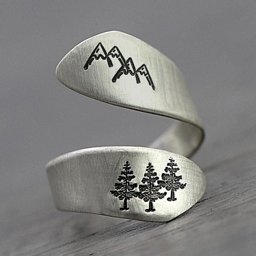 Mountain and Pine Tree Wrap Ring for Nature Lovers