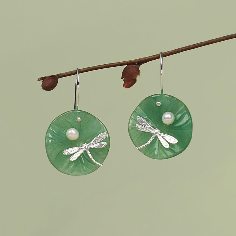 Dragonfly Dangle Earrings Green Jade Pearl