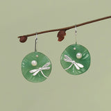 Dragonfly Dangle Earrings Green Jade Pearl