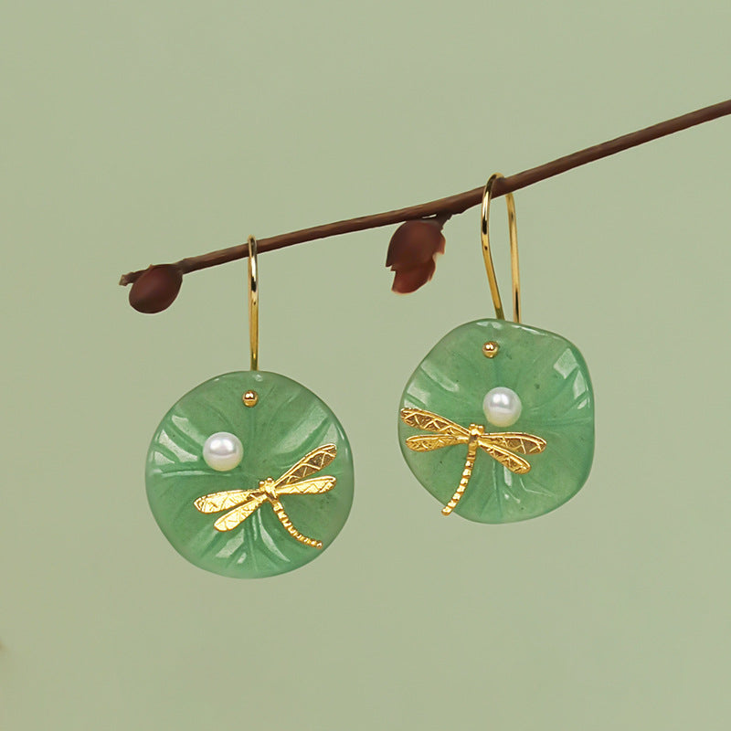 Dragonfly Dangle Earrings Green Jade Pearl